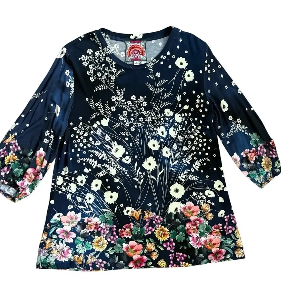 Johnny Was Janie Favorite Puff Sleeve Top Bursting Floral Navy Size Medium